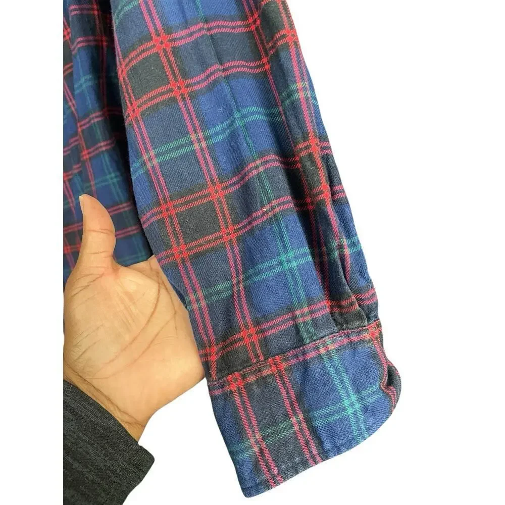 J Crew Flannel Shirt Slim Pockets Cotton Plaid Blue Green Red L Grunge Unisex